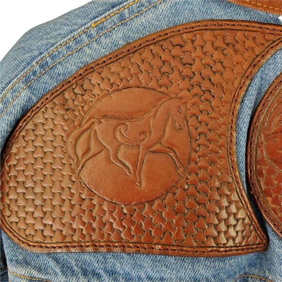 VTG SUNBELT Western Denim Duster Coat Women's M/L Tooled Leather Button Pockets - Picture 7 of 14